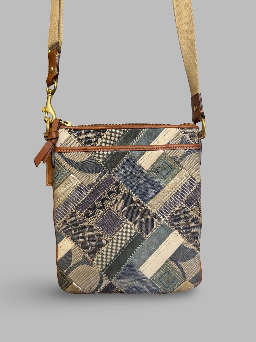 Coach Holiday Denim Patchwork Crossbody File Bag.